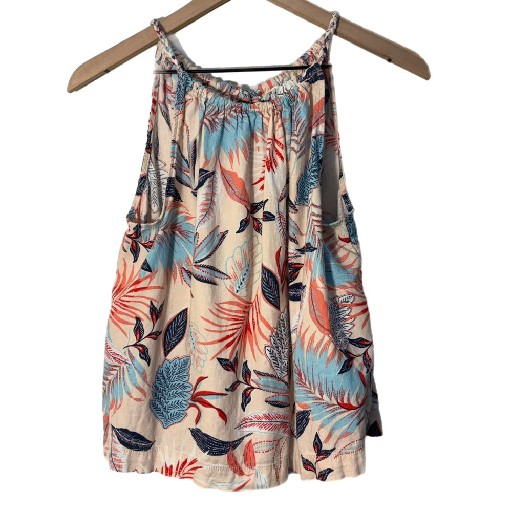 NICOLE MILLER 56% Linen 44% Rayon Cream Halter Tank with Coral & Blue Leaf Print